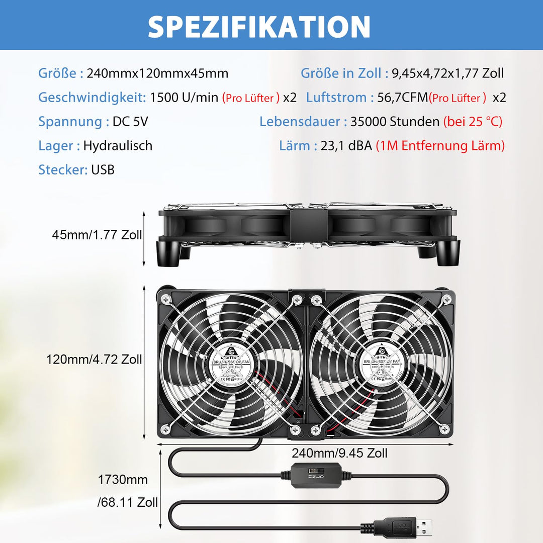 GDSTIME 120mm USB Lüfter 120 x 25mm Gehäuselüfter USB 120mm PC Lüfter 1500 U/min Bürstenloser Lüfter