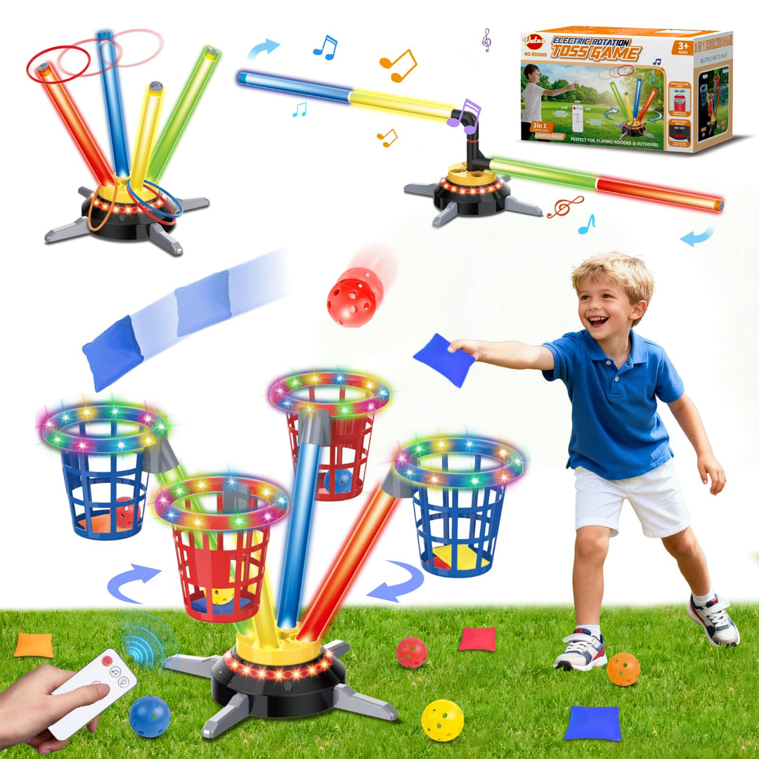 VATOS 3-in-1 Bohnensack- & Ringwurf-Spiel, Musikalische Sprünge für Kinder, Elektrische Drehbasis mi