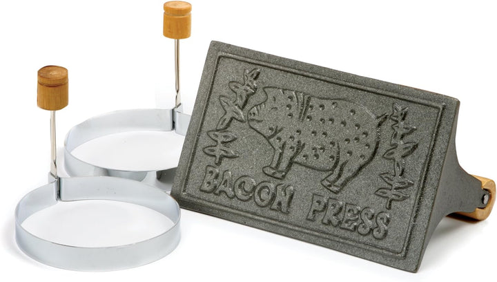 Norpro Bacon Press & Egg/Pancake Rings 3 Piece Cast Iron 6.75"X4" Wooden Handle