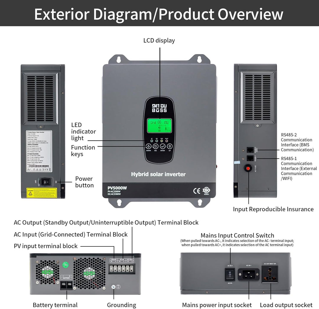 DATOUBOSS 3300W Hybrid Solar Wechselrichter 24V Reiner Sinus, 24V DC auf 230V AC Inverter mit MPPT L