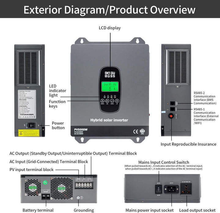 DATOUBOSS 3300W Hybrid Solar Wechselrichter 24V Reiner Sinus, 24V DC auf 230V AC Inverter mit MPPT L