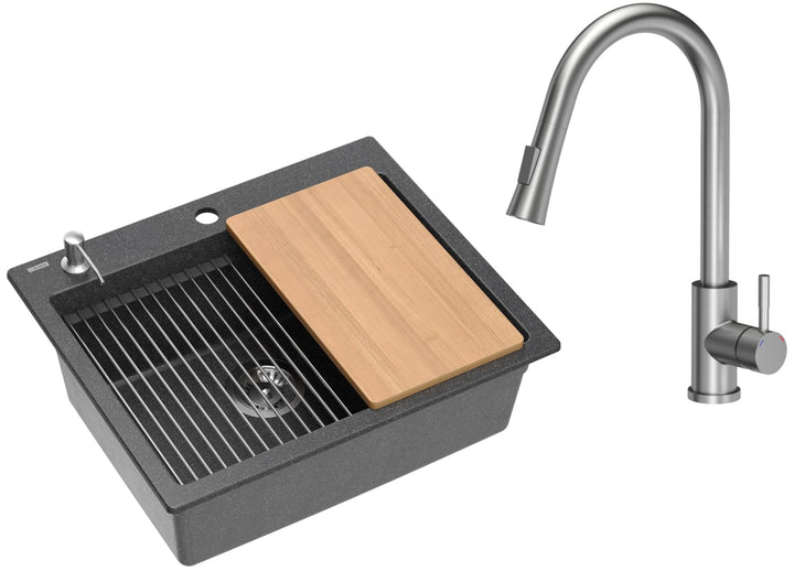 VBChome Set Spülbecken mit Armatur 60 x 50 cm Schwarz Spülmittelspender Siphon Matte Planke Granit S