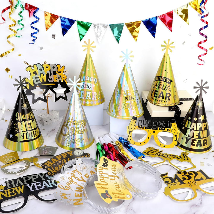 DPKOW Silvester Deko, Silvester Partyhüte Haarreif Partybrille Set Schwarz Gold Silber Farbe, Schwar