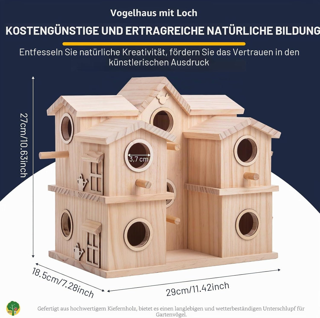 Mehrkammer-Vogelhaus aus Holz, 10 Nistfächer, Kiefer naturbelassen