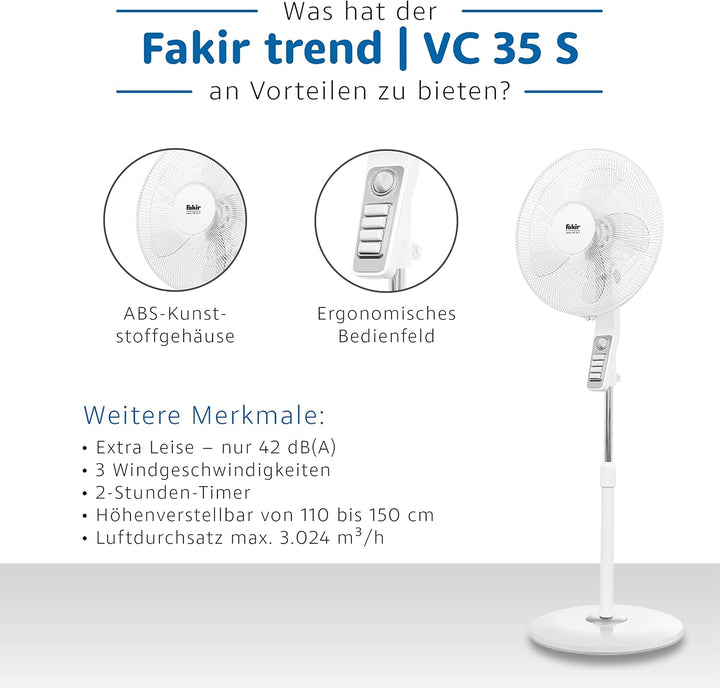Fakir trend VC 35 S – Höhenverstellbarer leiser Standventilator mit stabilem Sockel & 3 Leistungsstu