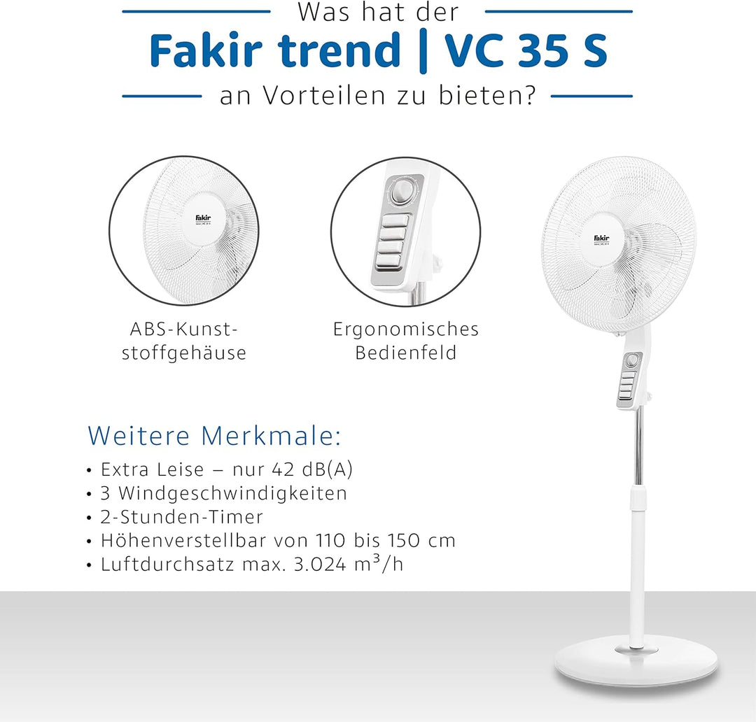 Fakir trend VC 35 S – Höhenverstellbarer leiser Standventilator mit stabilem Sockel & 3 Leistungsstu