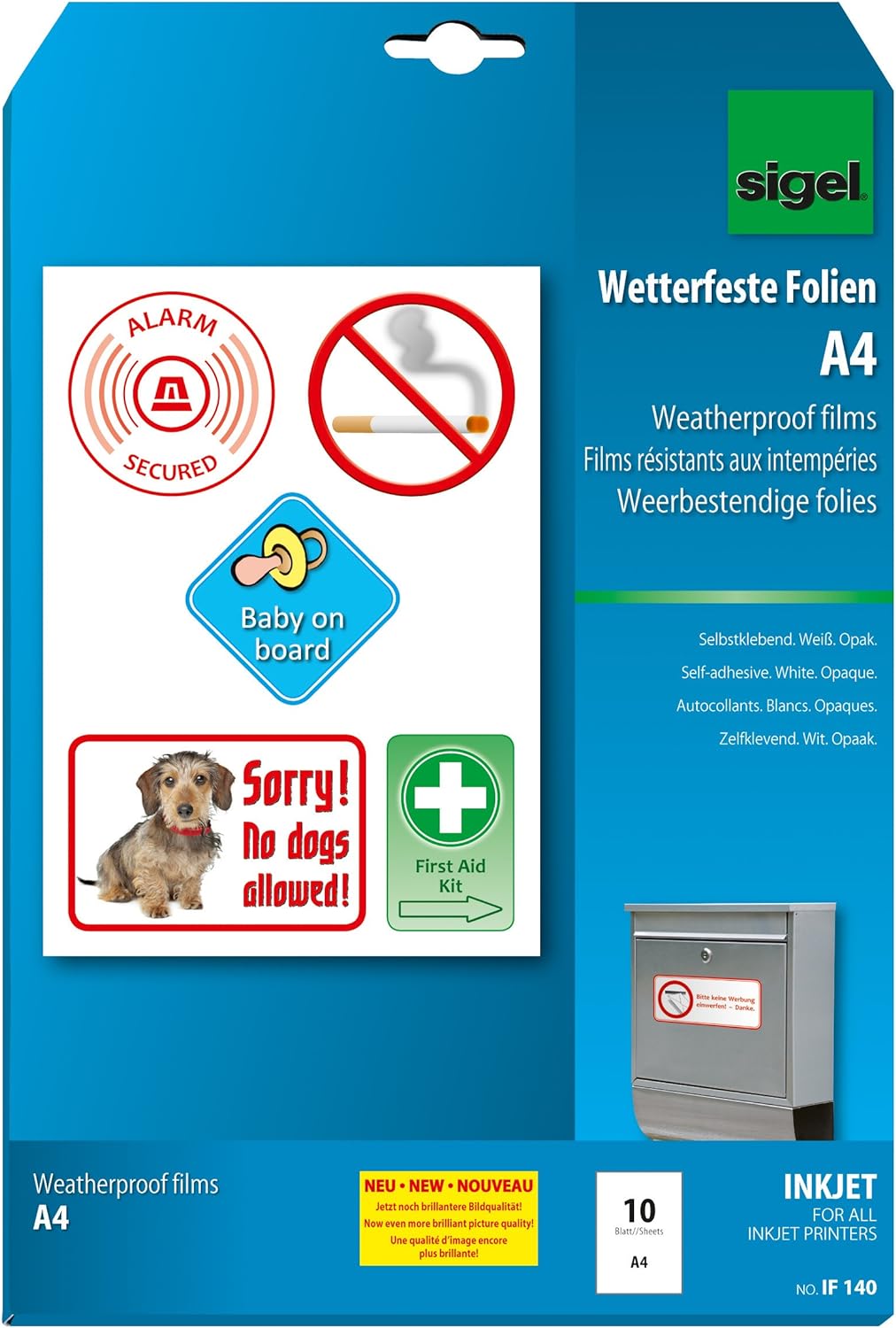 SIGEL IF140 InkJet-Folien A4, 10 Blatt, wetterfest, opak, selbstklebend, für Innenanwendungen und ku