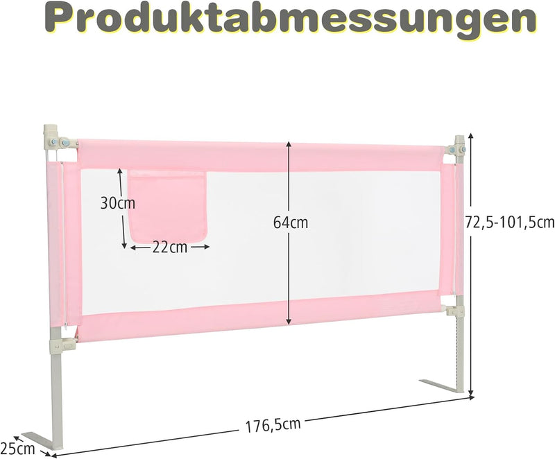 COSTWAY Bettgitter 175 cm, Bettschutzgitter abschliessbar mit 24 einstellbare Höhen & Seitentasche,