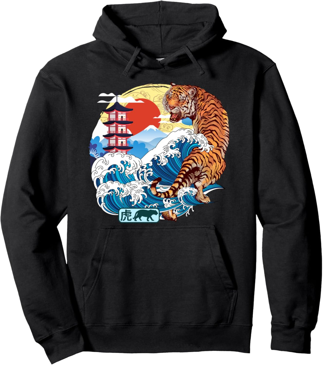 Japanischer Tiger Great Wave Kanagawa Japanische Vintage-Kunst Pullover Hoodie