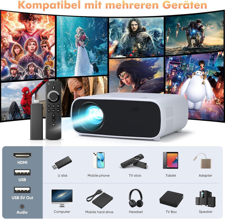 Wielio 4K Beamer, Full HD 1080P Projektor, 5G WiFi Bluetooth Projector, 18000 Lumens Heimkino Mini B