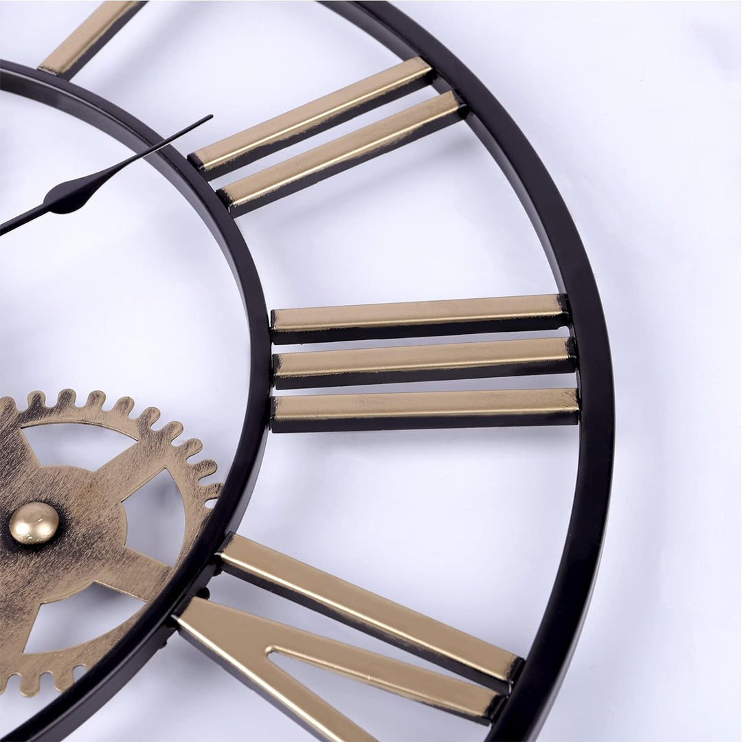 Lafocuse Industriell Gold Zahnrad Wanduhr Gross 57 cm Steampunk Lautlos Metall Quarzuhr mit 3D Romis