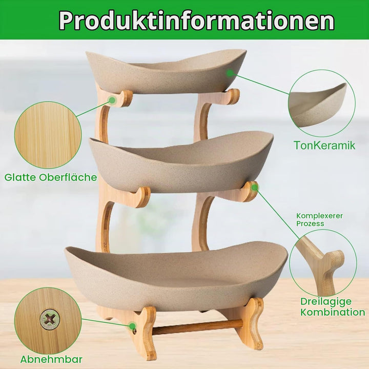 TonKeramik Obst Etagere Obstschale 3 Stöckig Porzellan Obstteller 3 Etagen mit Natürlichem Bambus St
