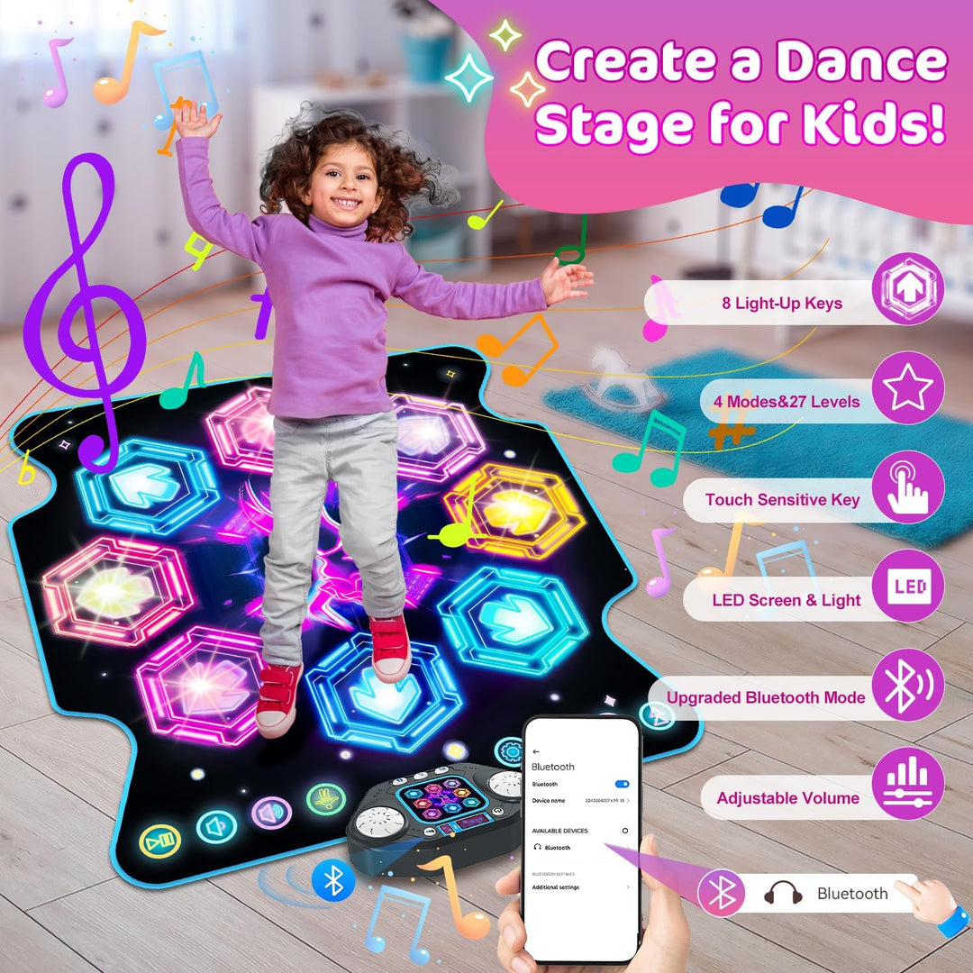 Tanzmatte Mädchen Spielzeug für Kinder, 27 Levels Tanzmatte mit 8 LED Leuchten ab 3 4 5 6 7 8 9 10 1