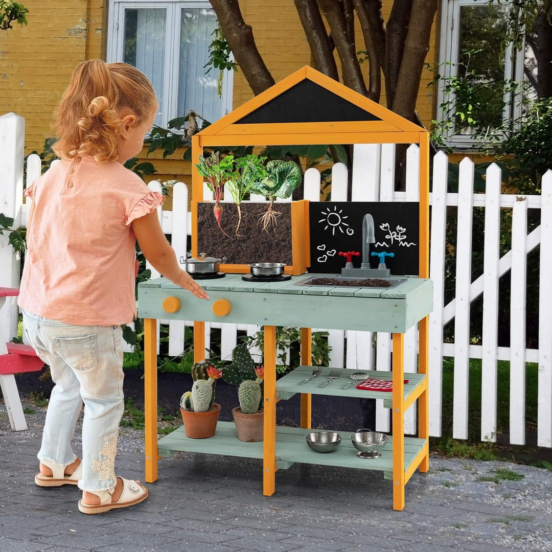 COSTWAY Matschküche Kinder Outdoor, Kinderküche Tannenholz mit Pflanzbehälter & 2 Kreidetafeln & Was