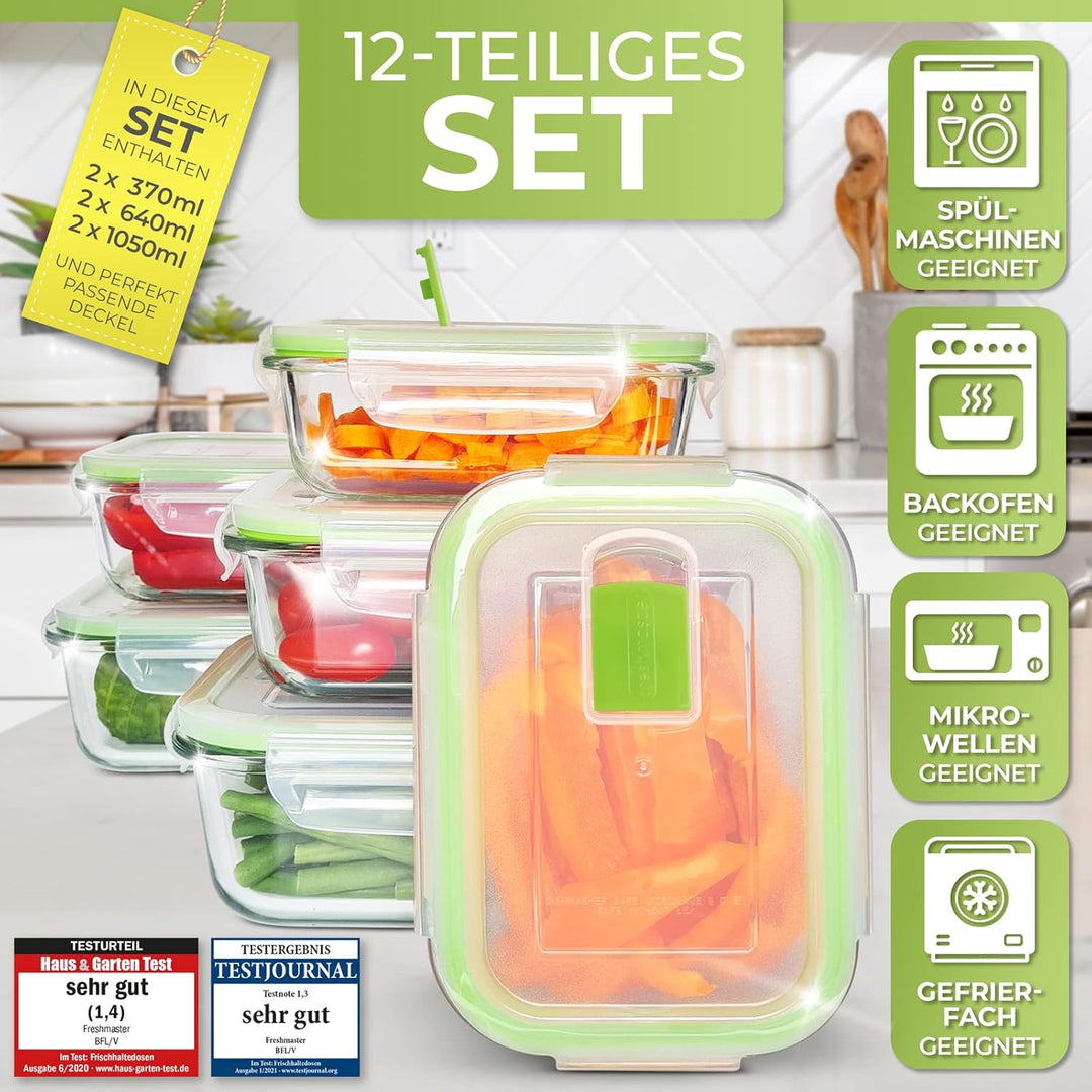 Fresh Master 12 Stück Vorratsbehälter aus Glas 100% auslaufsicher und luftdicht mit Deckel für Leben