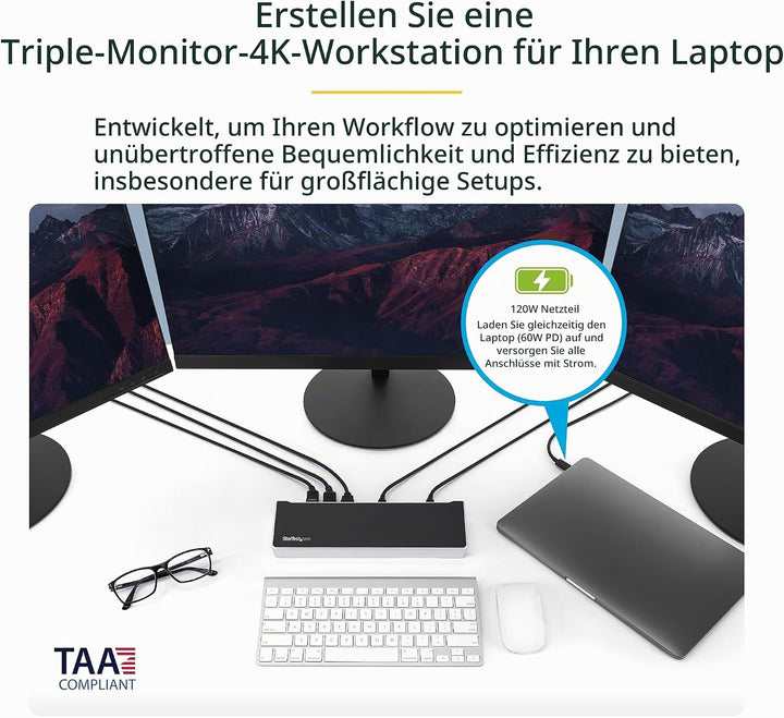 StarTech.com USB-C Dockingstation (Triple 4K, 60W Power Delivery (USB PD), Ethernet, für Windows / M