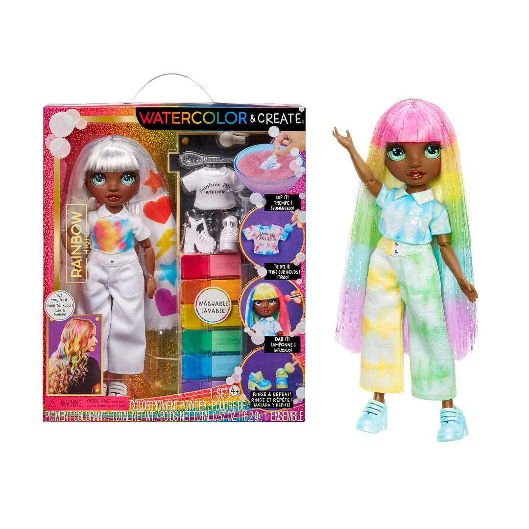 Rainbow High Watercolour & Create DIY Modepuppe, Auswaschbare Wasserfarben & Batikset - Grüne Augen,