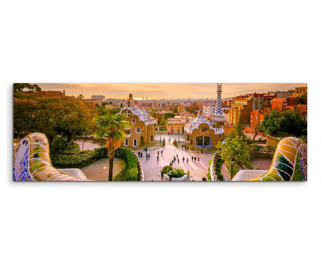 Sinus Art Panoramabild 120x40cm Landschaftsfotografie – Park Guell in Barcelona, Spanien, 120x40cm