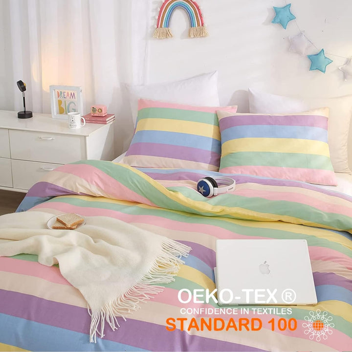 Freyamy Mädchen Bettwäsche 135x200cm Bunt Regenbogen Streifen Kinderbettwäsche 100% Microfaser Babyb