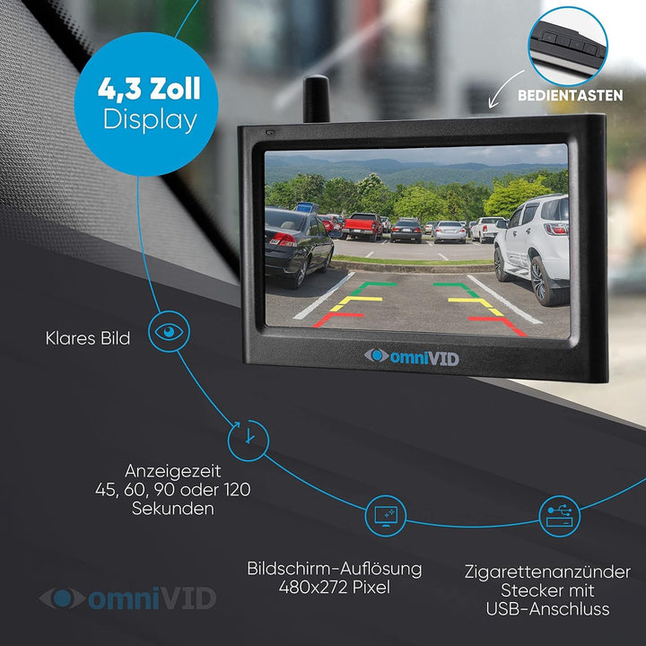 omniVID® Solar4 Premium Solar Rückfahrkamera-System, Kabellos mit 4,3 Zoll Monitor und solarbetriebe