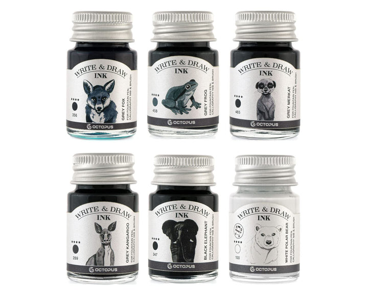 Octopus Write and Draw Ink Set BASIC GREY, wasserfeste Tinte zum Schreiben und Zeichnen, Kalligraphi