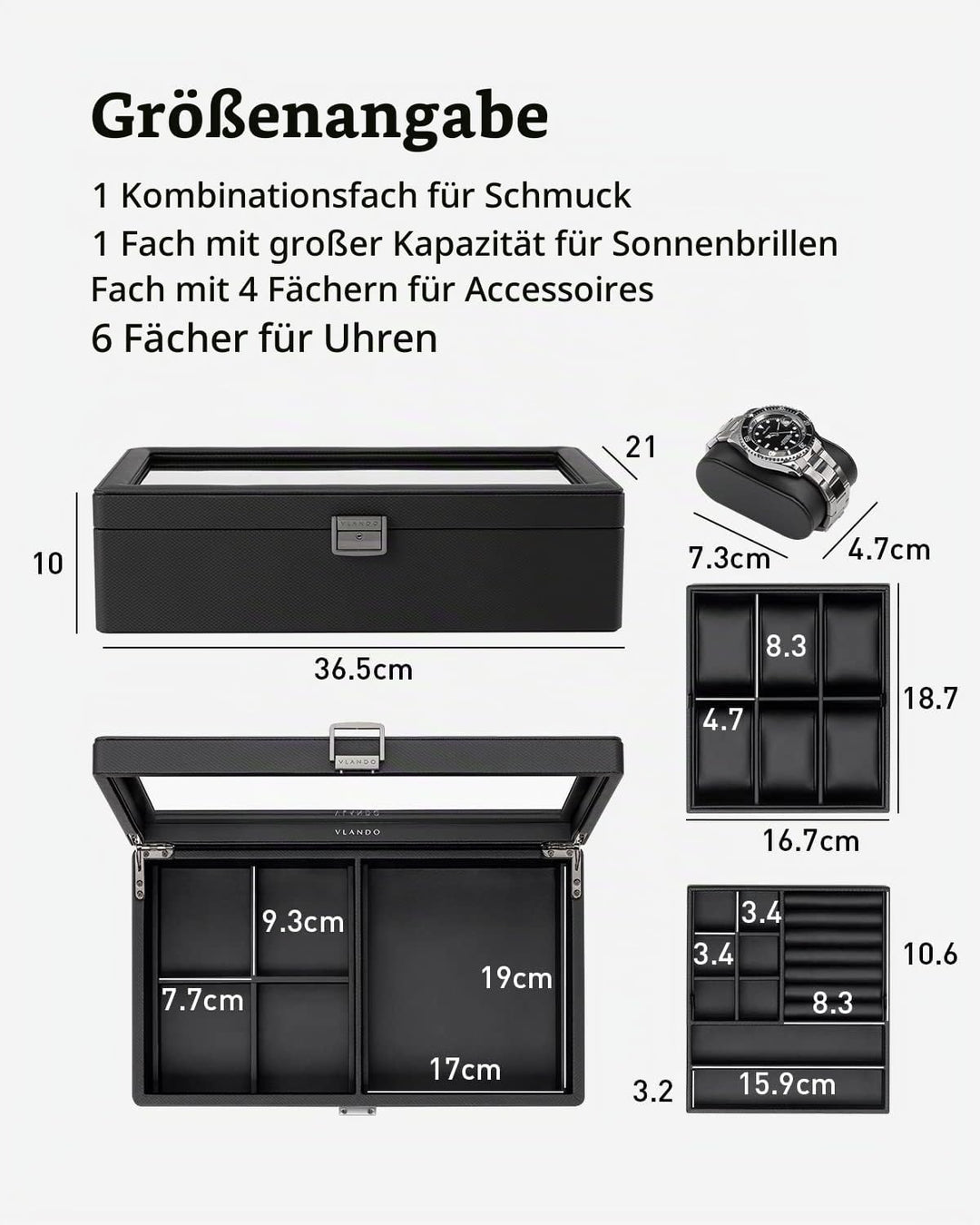 Vlando Uhrenbox Uhrenkasten mit Glasdecekel, Watch Box für Herren, Uhrenaufbewahrung Schmuckaufbewah