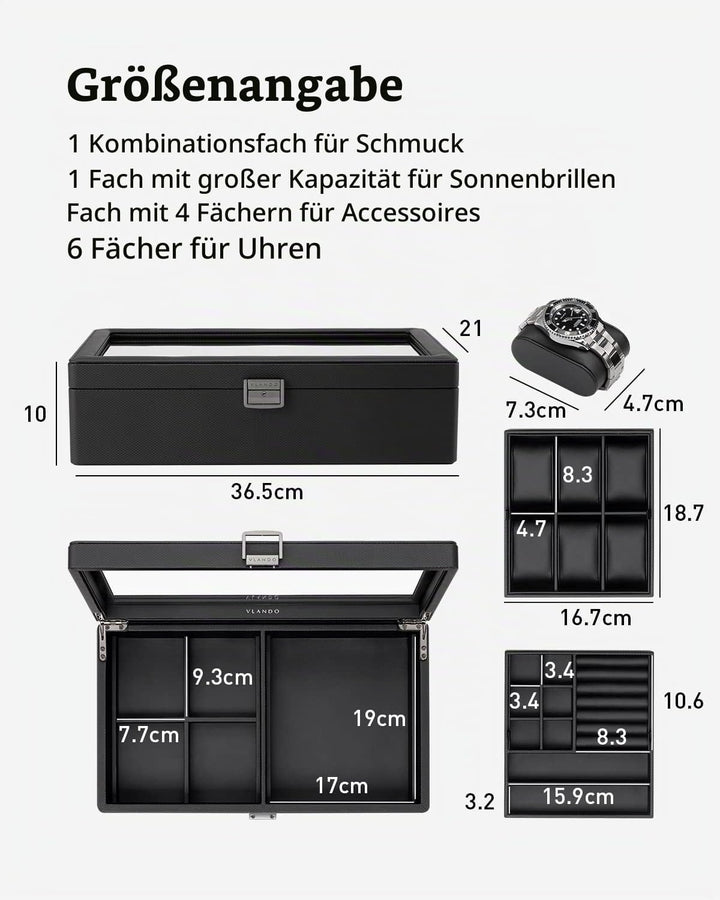 Vlando Uhrenbox Uhrenkasten mit Glasdecekel, Watch Box für Herren, Uhrenaufbewahrung Schmuckaufbewah