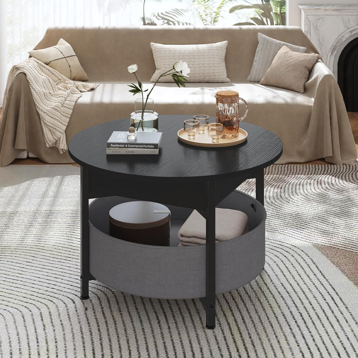 Couchtisch Rund mit Hebeplatte, Couchtisch Höhenverstellbar, Beistelltisch, Wohnzimmertisch mit Korb