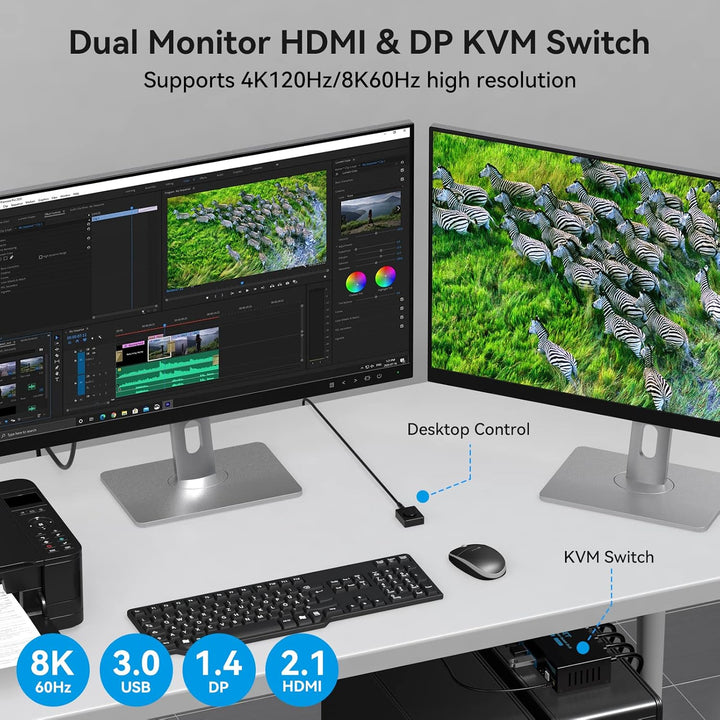 8K60Hz Displayport HDMI KVM Switch 2 PC 2 Monitore 4K120Hz USB 3.0 KVM Switches mit 4 USB Anschlüsse