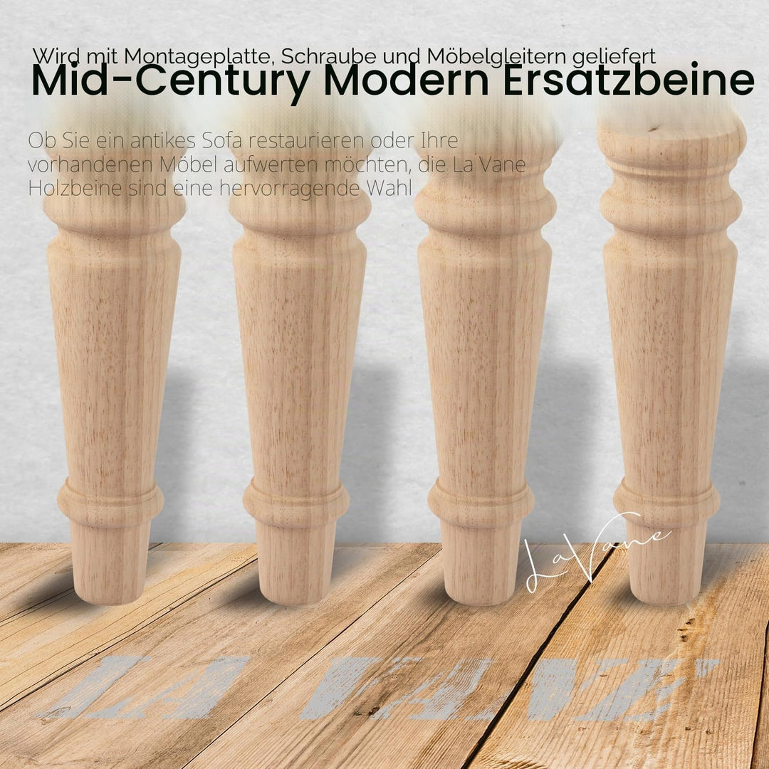LA VANE 4 Stück Möbelfüsse aus Massivholz - 20cm Höhe, Unlackiert, Spindelform mit M8 Bolzen & Monta