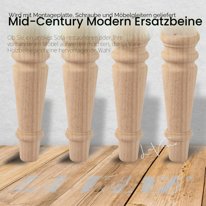 LA VANE 4 Stück Möbelfüsse aus Massivholz - 20cm Höhe, Unlackiert, Spindelform mit M8 Bolzen & Monta