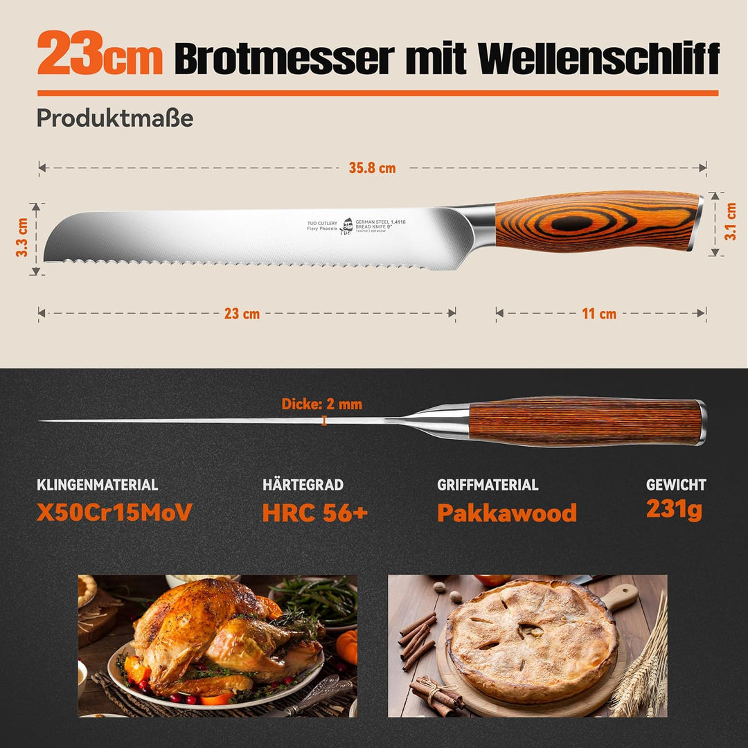 TUO Brotmesser mit Wellenschliff Klingenlänge 23cm, Scharfes Brotschneidemesser aus Deutschem Edelst