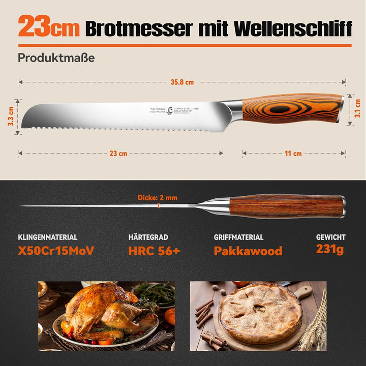 TUO Brotmesser mit Wellenschliff Klingenlänge 23cm, Scharfes Brotschneidemesser aus Deutschem Edelst