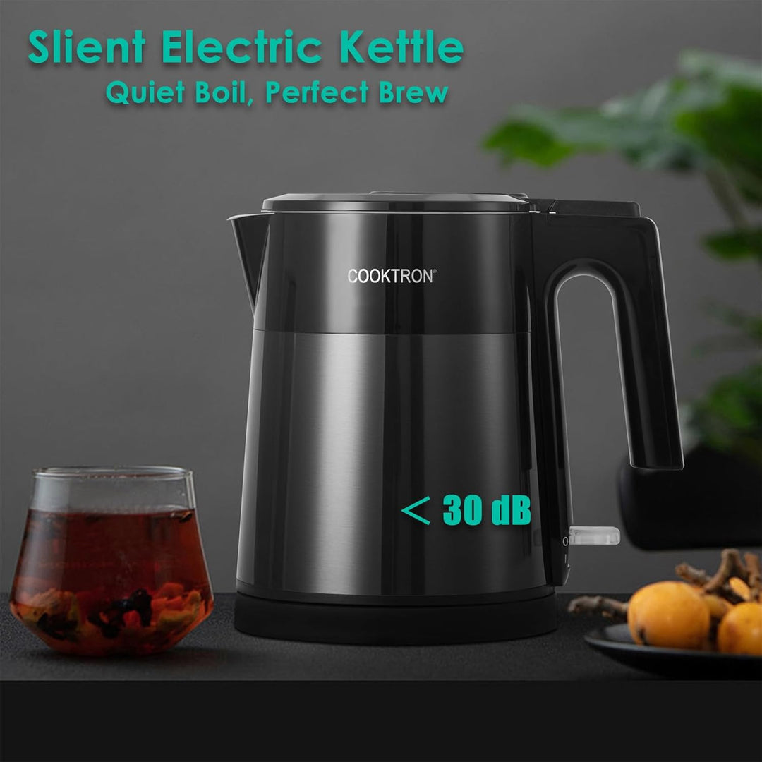 Cooktron Wasserkocher Edelstahl, Leiser Wasserkocher Klein, 1L, Ultraleise, 1 Liter Schwarz