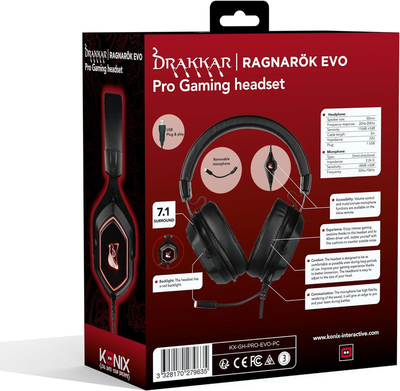 Konix Drakkar Gaming-Headset Ragnarök Evo 7.1 für PC - 50 mm Lautsprecher - Mikrofon - 2 m USB-Kabel