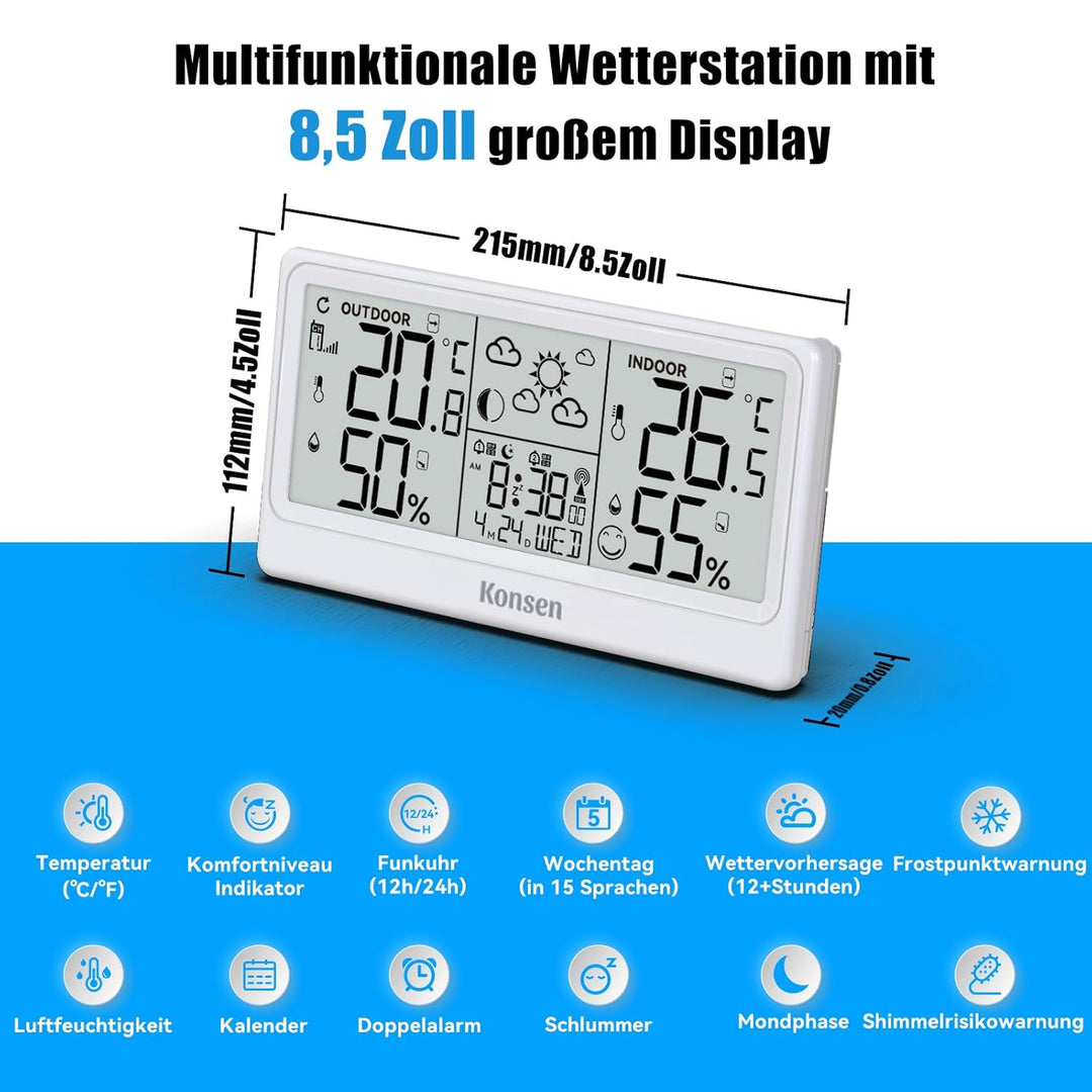 Funk-Wetterstation mit Aussensensor – DCF Funkuhr, Digitales Thermo-Hygrometer (Batteriebetrieb) für