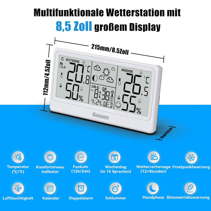Funk-Wetterstation mit Aussensensor – DCF Funkuhr, Digitales Thermo-Hygrometer (Batteriebetrieb) für