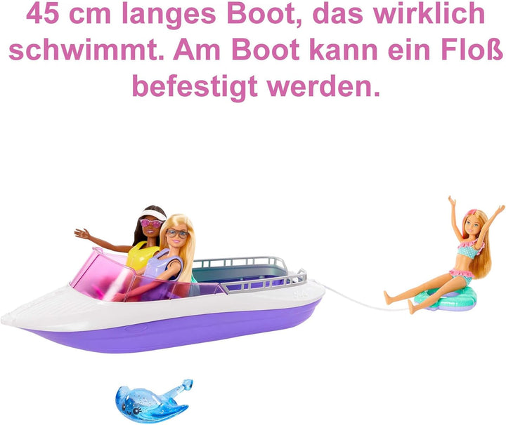 Barbie Malibu Roberts & Brooklyn Puppe - 45,7 cm Schnellboot, 4 Puppen Platz, Glasboden, Schwimmreif