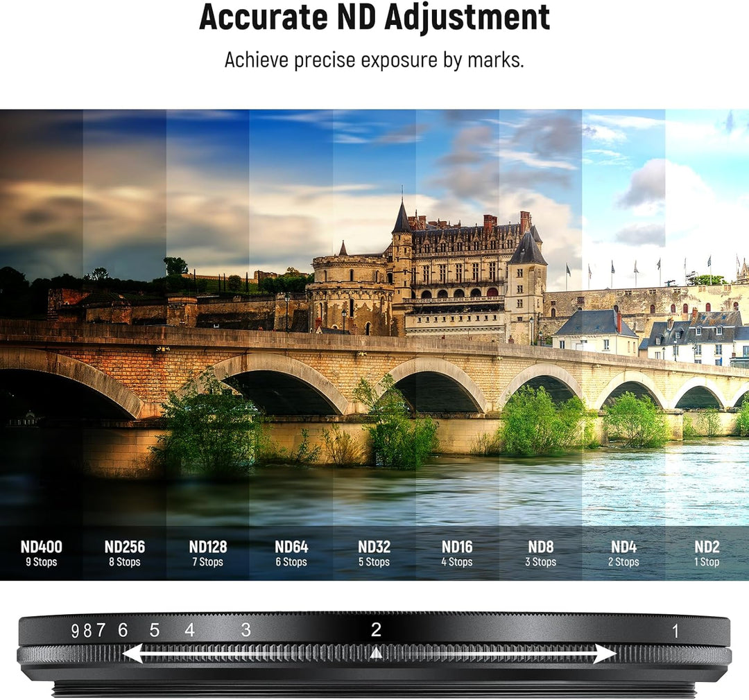 NEEWER BASICS 58mm variabler ND Filter, ND2-400 1-9 Stops Lichtreduzierung, drehbarer variabler Grau