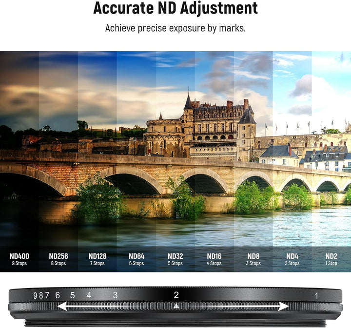 NEEWER BASICS 82mm variabler ND Filter, ND2-400 1-9 Stops Lichtreduzierung, drehbarer variabler Grau