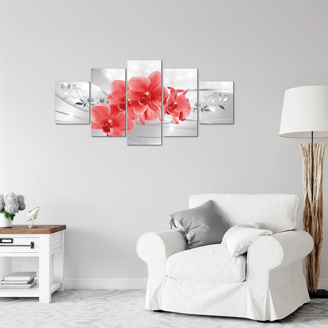Runa Art Wandbilder Blumen Orchidee 5 Teilig Bild auf Vlies Leinwand Deko Wohnzimmer Silber Rot 2107