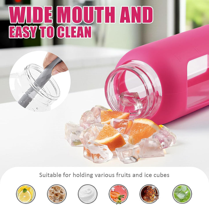 BLUEGO 600ml Glas Wasserflasche mit 2 Deckeln- One-Touch Verschlussdeckel und Griffdeckel Wiederverw