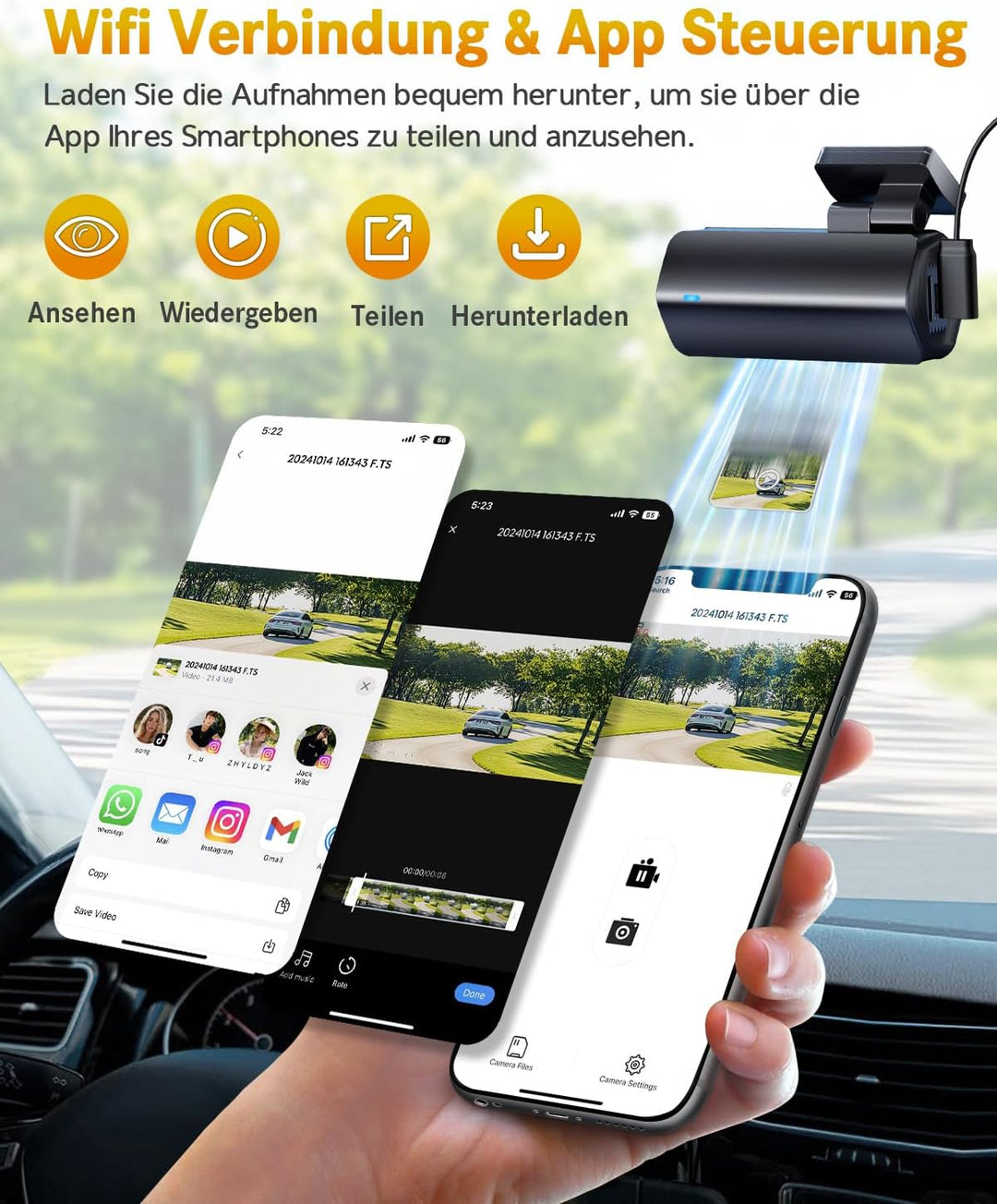GKU 4K Dashcam Auto,Dashcam Auto vorne,Mini Auto Kamera mit integriertem WLAN,170° Weitwinkel,Nachts