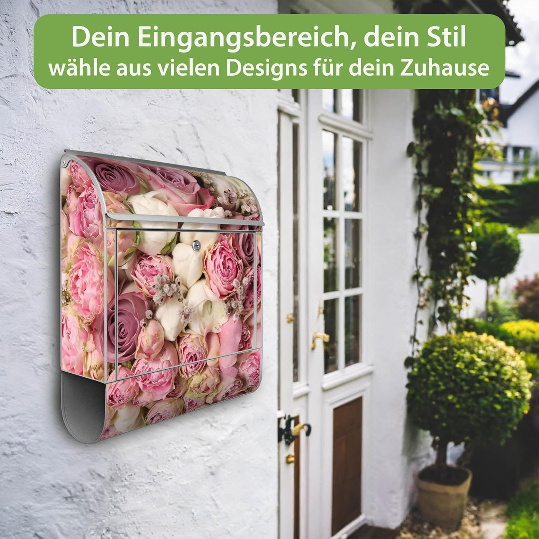 banjado® Design Briefkasten personalisiert mit Motiv Strauss Rosen 39x47x14cm & 2 Schlüssel - Briefk