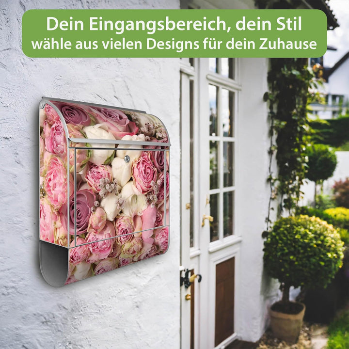 banjado® Design Briefkasten personalisiert mit Motiv Strauss Rosen 39x47x14cm & 2 Schlüssel - Briefk