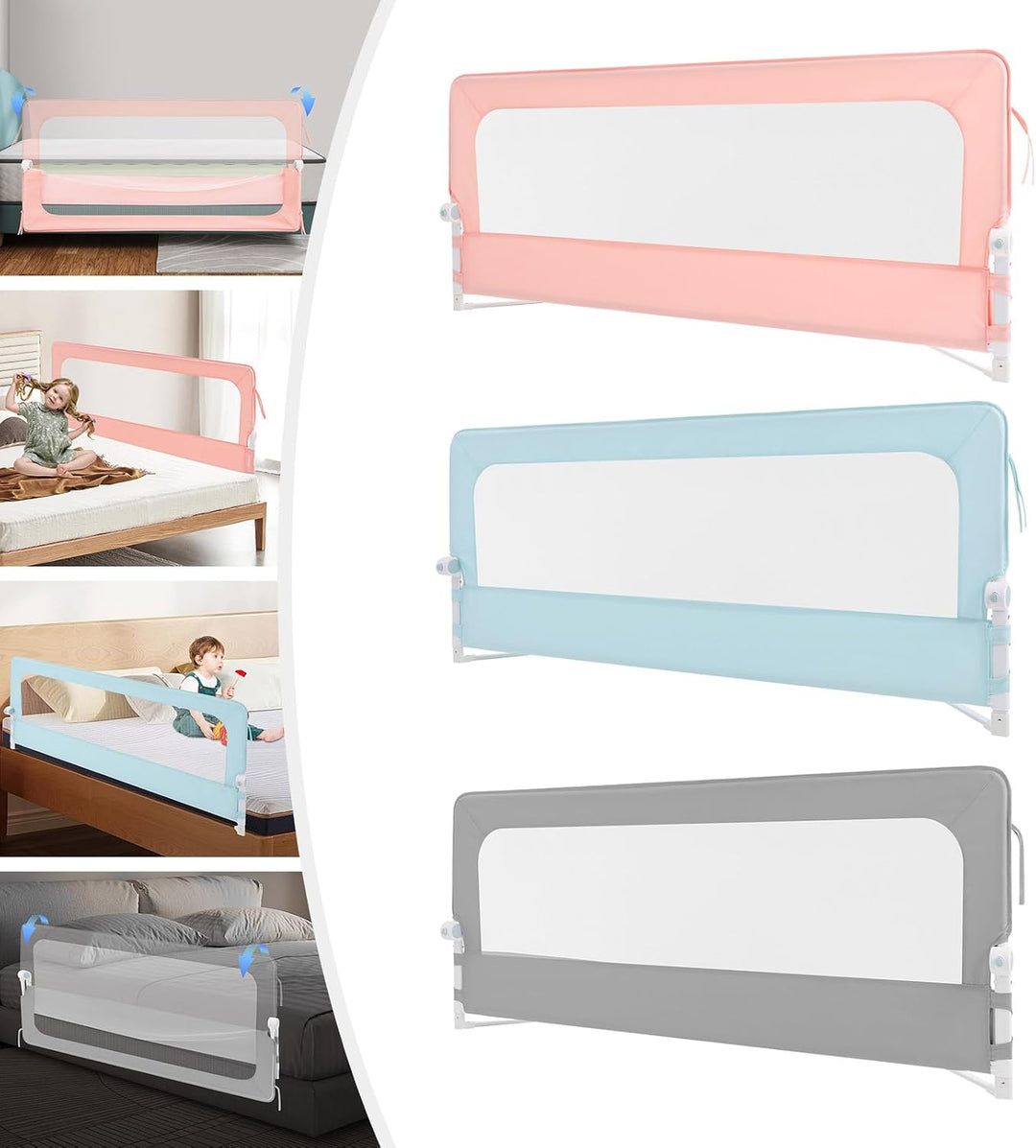 Bettgitter Prinzessin Rosa | 176x66-83 cm | Klappbar &amp; Höhenverstellbar | Ohne Bohren | Mit Atmungsa