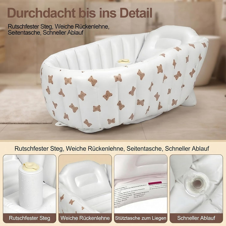 Aufblasbare Badewanne Baby - 90 x 55 x 30 cm Tragbare Kinder Badewanne Aufblasbar, Bärenmuster Babyw