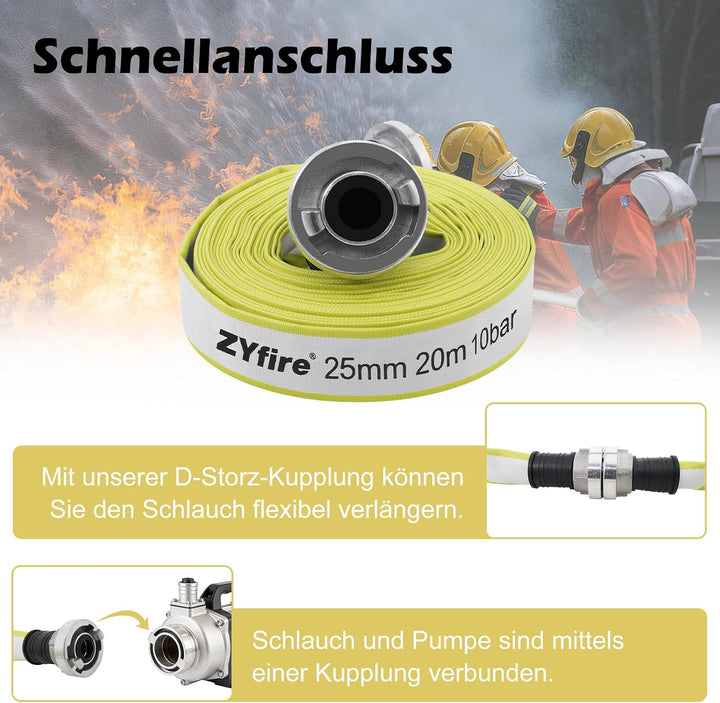 ZYfire Feuerwehrschlauch 25mm x 20m | 1 Zoll Feuerschlauch mit D-Storz Kupplung | flexibler Wassersc