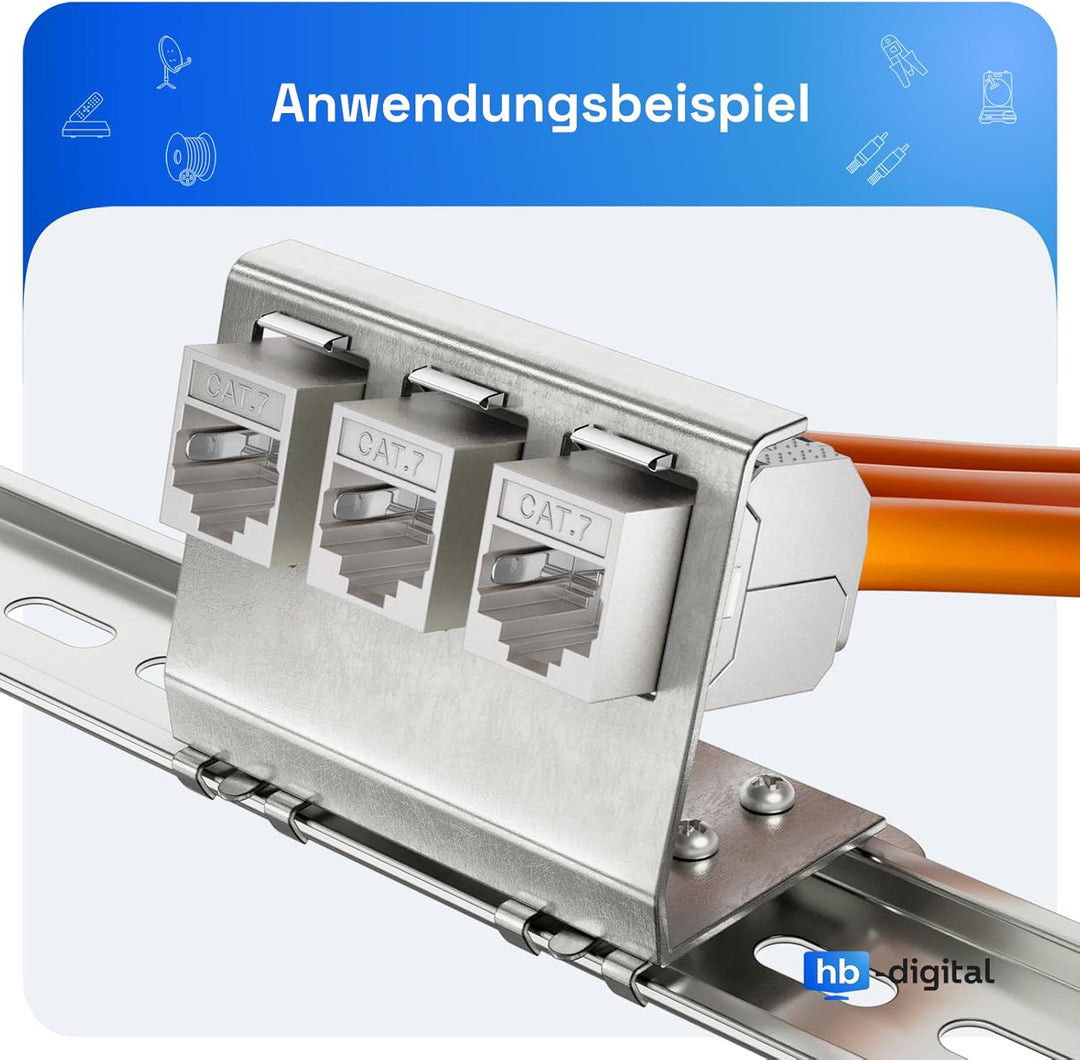 hb-digital Set: 12X CAT.7 Keystone RJ45 Modul + 4X Hutschienenadapter Metall Keystone-Halterung für