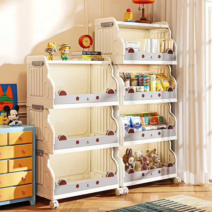 Mobiles Bücherregal Kinder mit Rollen 4 Ebenen Faltbar | Kinderregal Bücherwagen Spielzeug Regal Kin